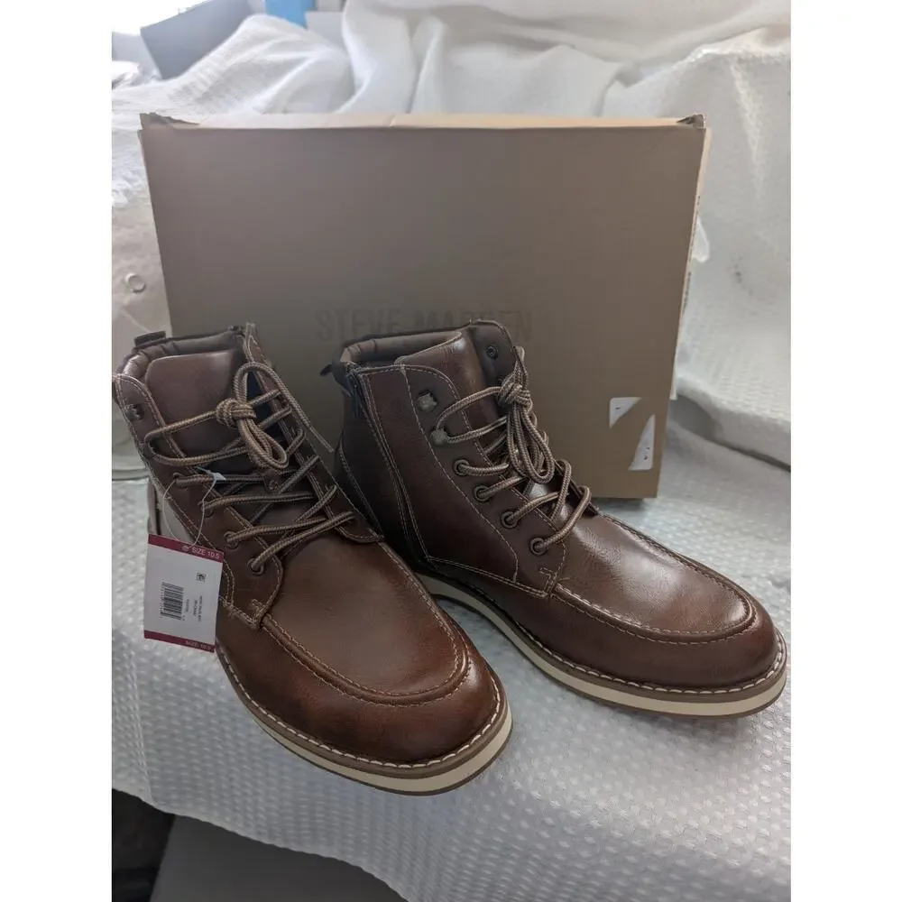 NIB! STEVE MADDEN! COGNAC BROWN VEGAN LEATHER ORTHOLITE LACE & ZIP BOOTS! 10.5